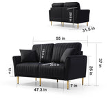 Black Velvet 2 Piece Living Room Set with Metal Legs and pillows - Black - Furniture Home Direct