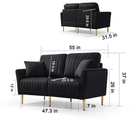 Black Velvet 2 Piece Living Room Set with Metal Legs and pillows - Black - Furniture Home Direct