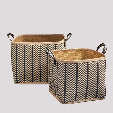 Square Palm Leaf Woven Wicker Storage Basket With Handles (Set of 2) - Back / Brown - Furniture Home Direct