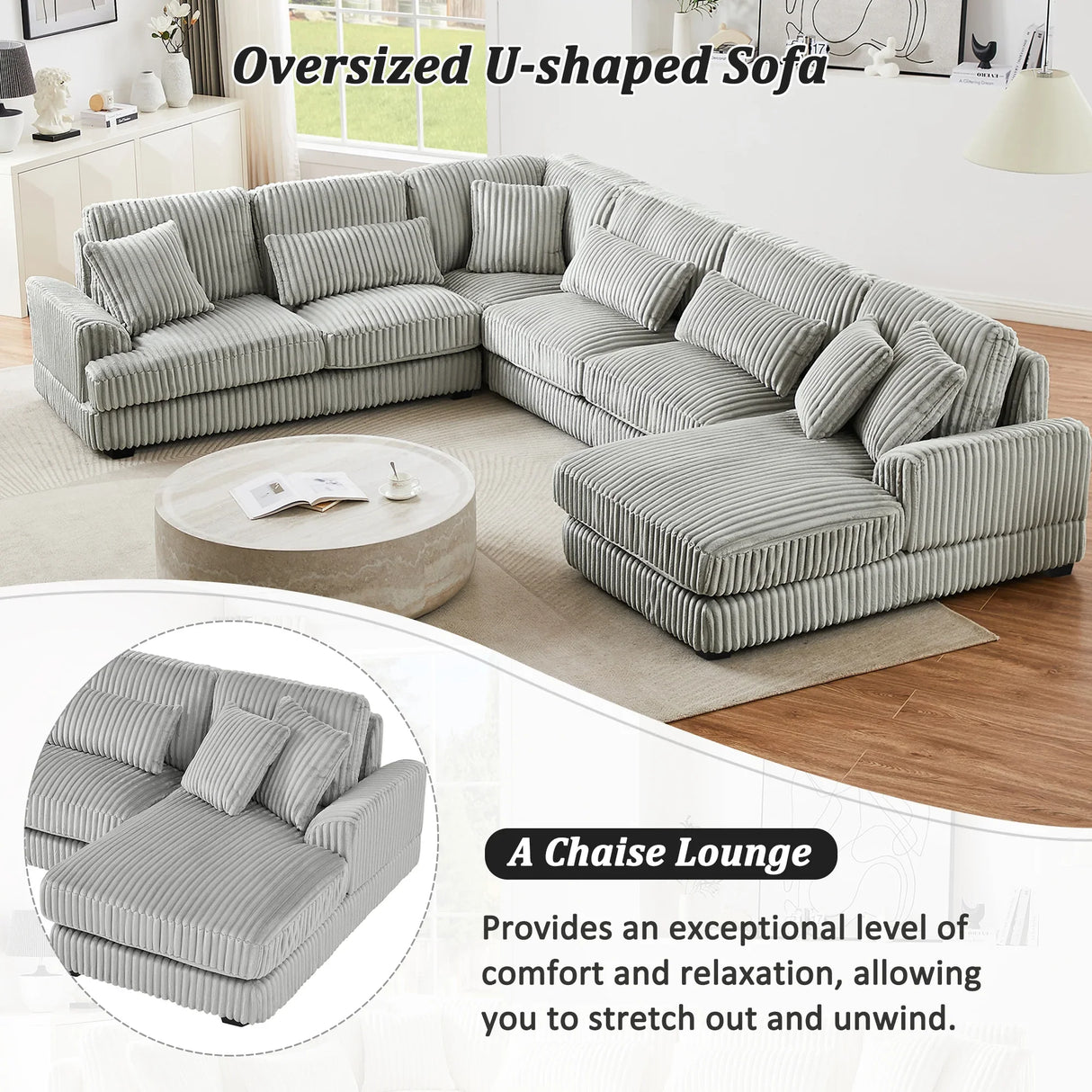 Sectional Sofa Oversized U Shaped Corduroy Fabric Gray - Furniture Home Direct