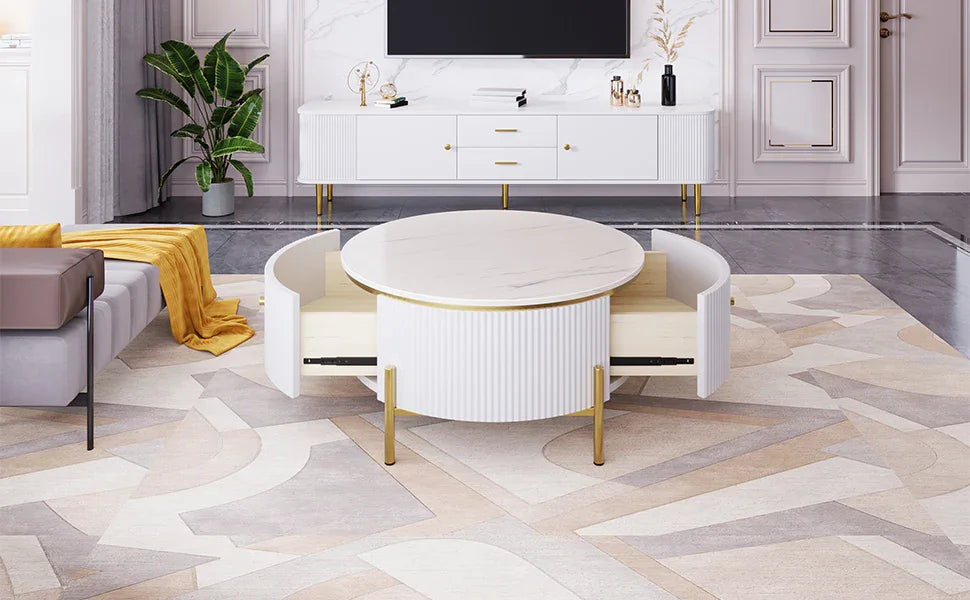 Round Coffee Table with Drawers and Gold Accents White - Furniture Home Direct