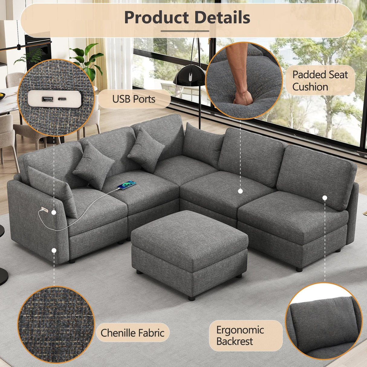 Sectional Sofa, Modular With USB Ports And Ottoman, Grey - Furniture Home Direct