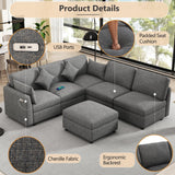Sectional Sofa, Modular With USB Ports And Ottoman, Grey - Furniture Home Direct