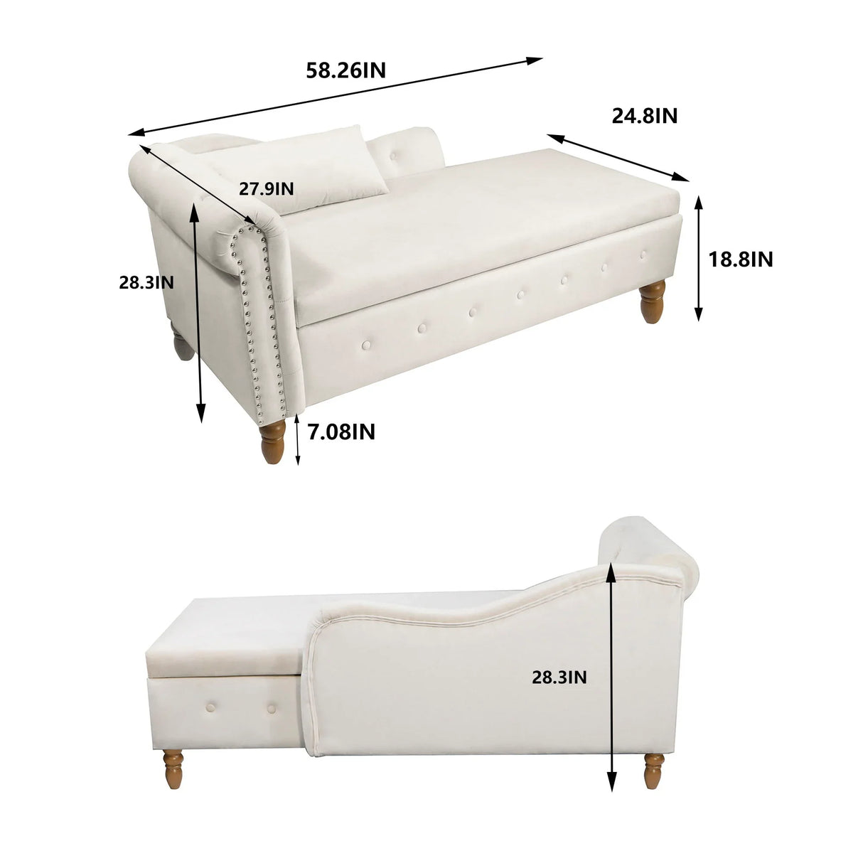 Chaise Lounge Indoor, Velvet Lounge Chair For Bedroom With Storage & Pillow, Modern Upholstered Rolled Arm Chase Lounge For Sleeping With Nailhead Trim For Living Room Bedroom Office - Furniture Home Direct