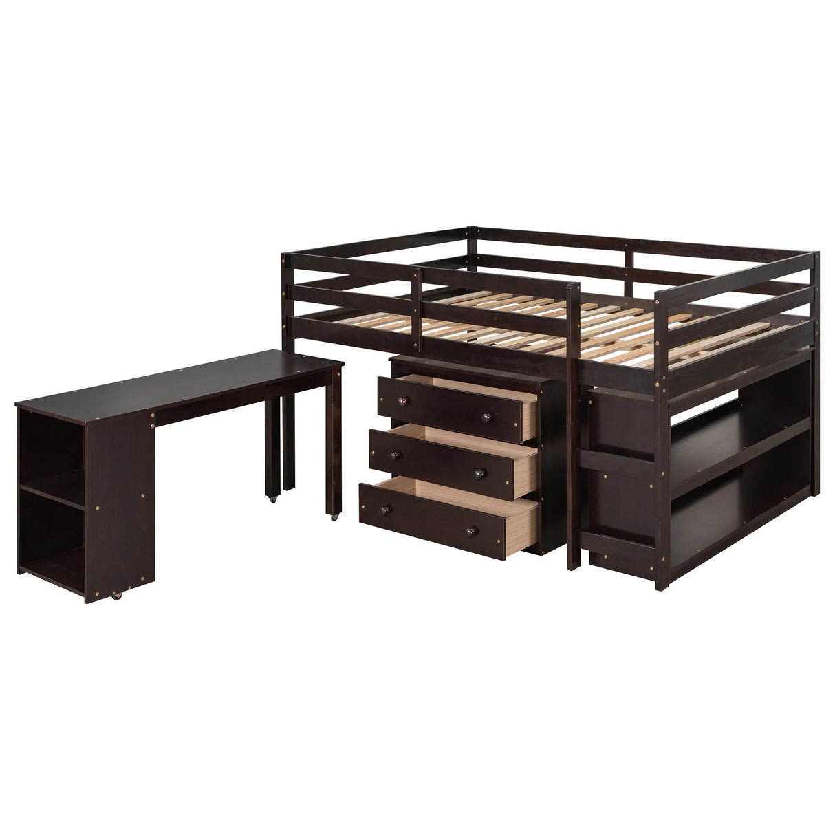 Loft Low Study Bed With Cabinet, Shelves And Rolling Portable Desk, Multiple Functions - Furniture Home Direct