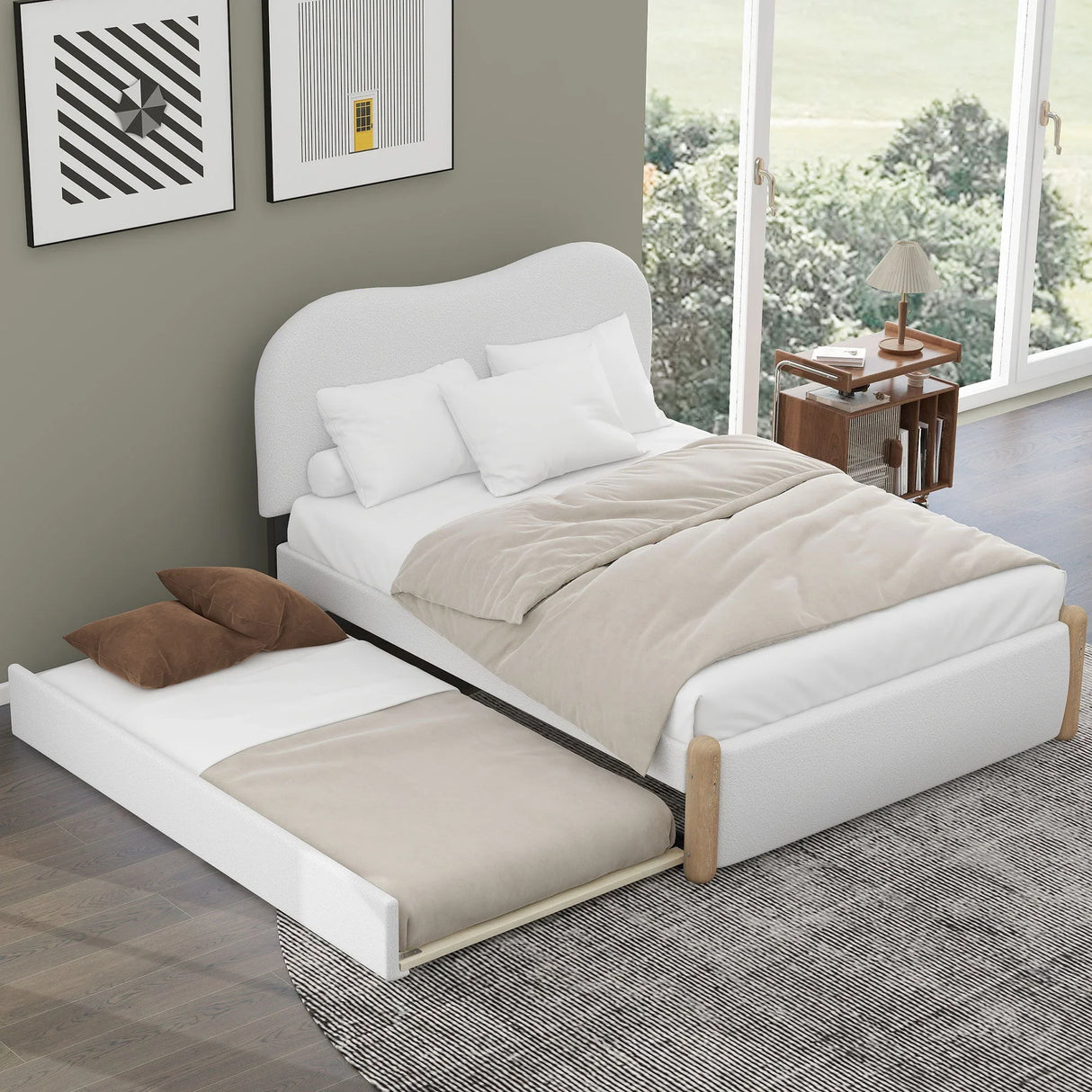 Upholstered Platform Bed With Wood Supporting Feet And Trundle - Furniture Home Direct