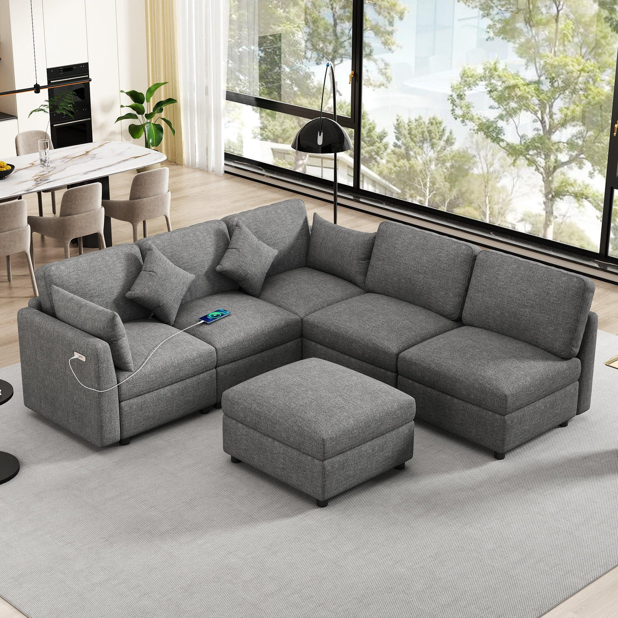 Sectional Sofa, Modular With USB Ports And Ottoman, Grey - Furniture Home Direct