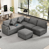 Sectional Sofa, Modular With USB Ports And Ottoman, Grey - Furniture Home Direct