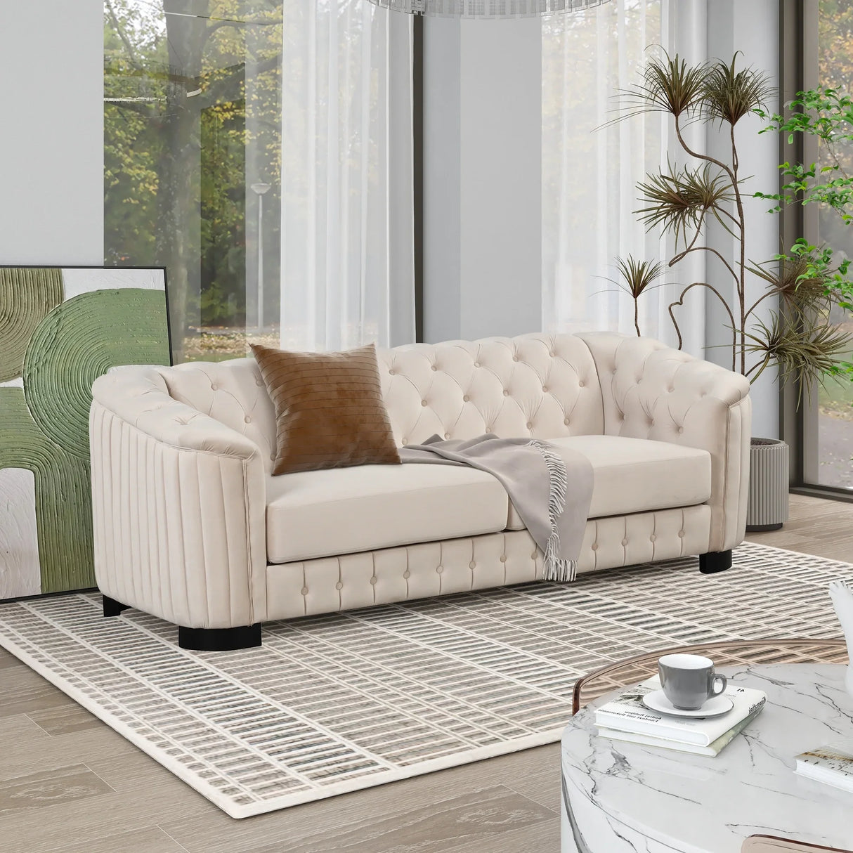 Modern 3-Piece Velvet Upholstered Living Room Set Including Sofa, Love Seat and Chair, Beige - Furniture Home Direct