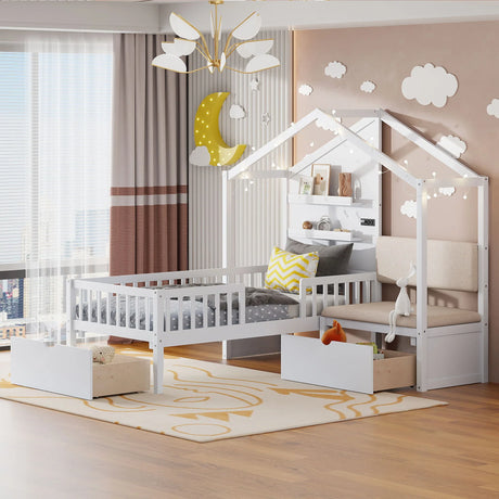 House Bed With Upholstered Sofa, Wireless Charging Station, Shelves And 2 Drawers - Furniture Home Direct