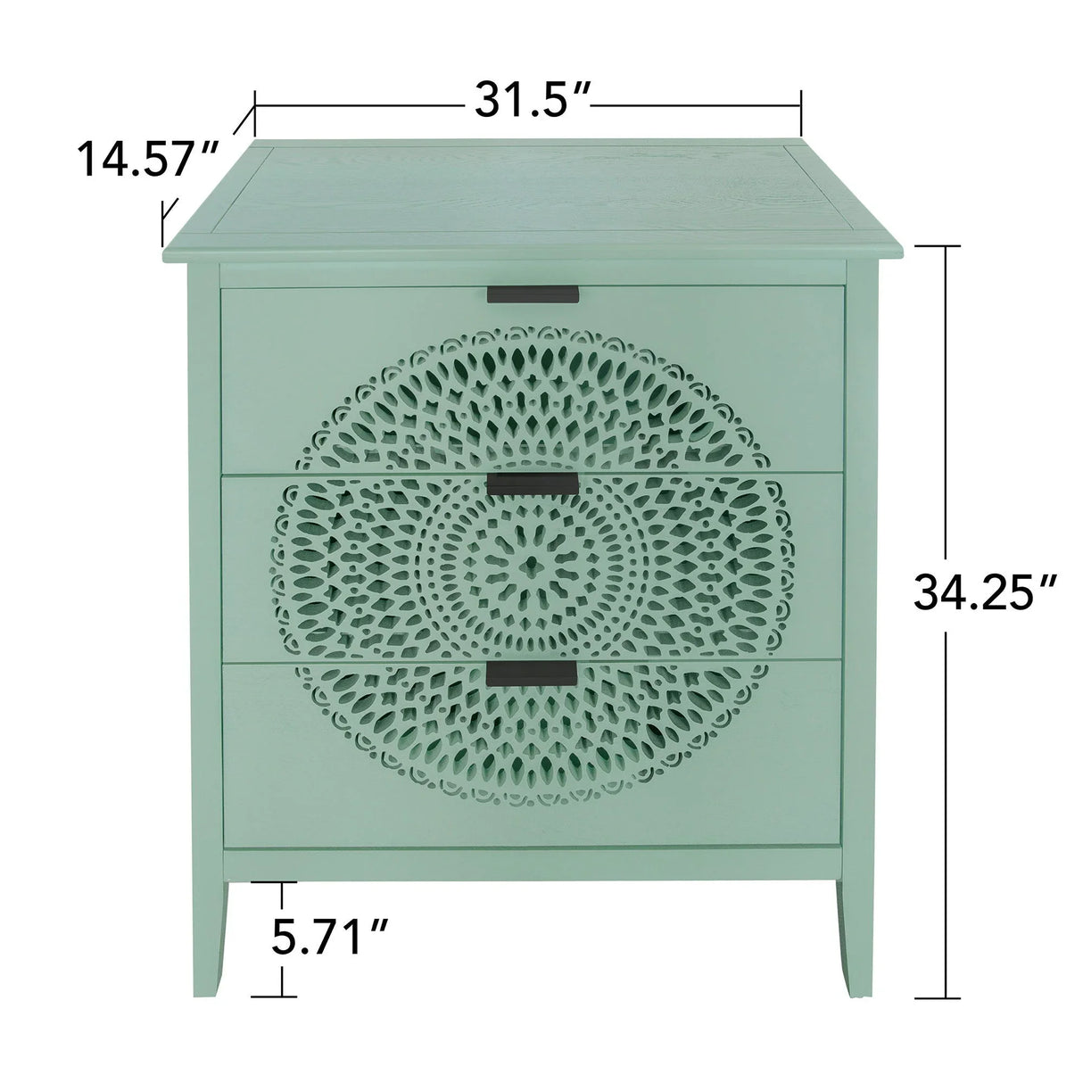 3 Drawer Storage Cabinet With Hollow Carved Design And Metal Handles, Chest For Entryway, Living Room Or Bedroom - Light Green - Furniture Home Direct