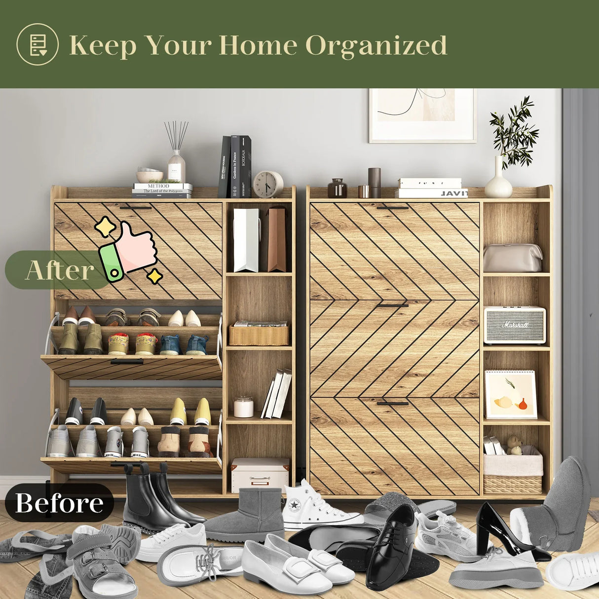 Shoe Cabinet with 3 Flip Drawers & Open Shelves, Modern Entryway Shoe Storage Cabinet Slim, Narrow Hidden Shoe Rack for Heels, Boots, Slippers, Wood Freestanding Shoe Organizer for Entrance - Furniture Home Direct