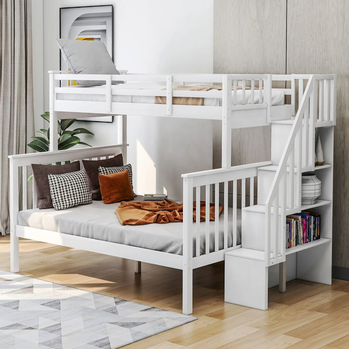 Stairway Bunk Bed With Storage And Guard Rail For Bedroom - Furniture Home Direct