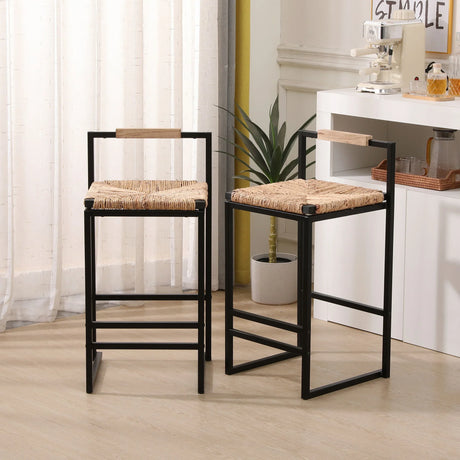 Water Hyacinth Woven Bar Stools With Back Support, Counter Height Dining Chairs (Set of 2) - Natural - Furniture Home Direct