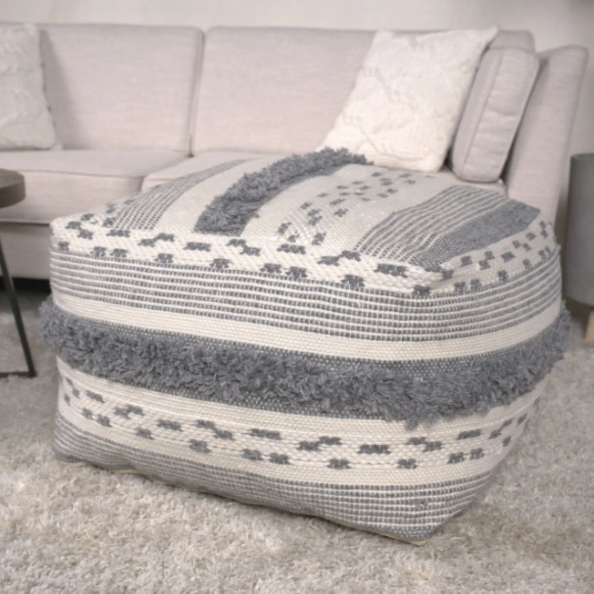 Karim - Faux Yarn Large Pouf, Durable - Ivory / Gray - Furniture Home Direct
