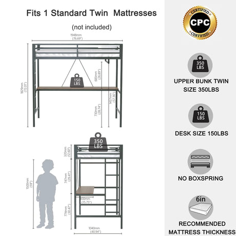 Adam - Twin Loft Bunk Bed With Cinnamon Wood Desk And Closet Rod - Black - Furniture Home Direct