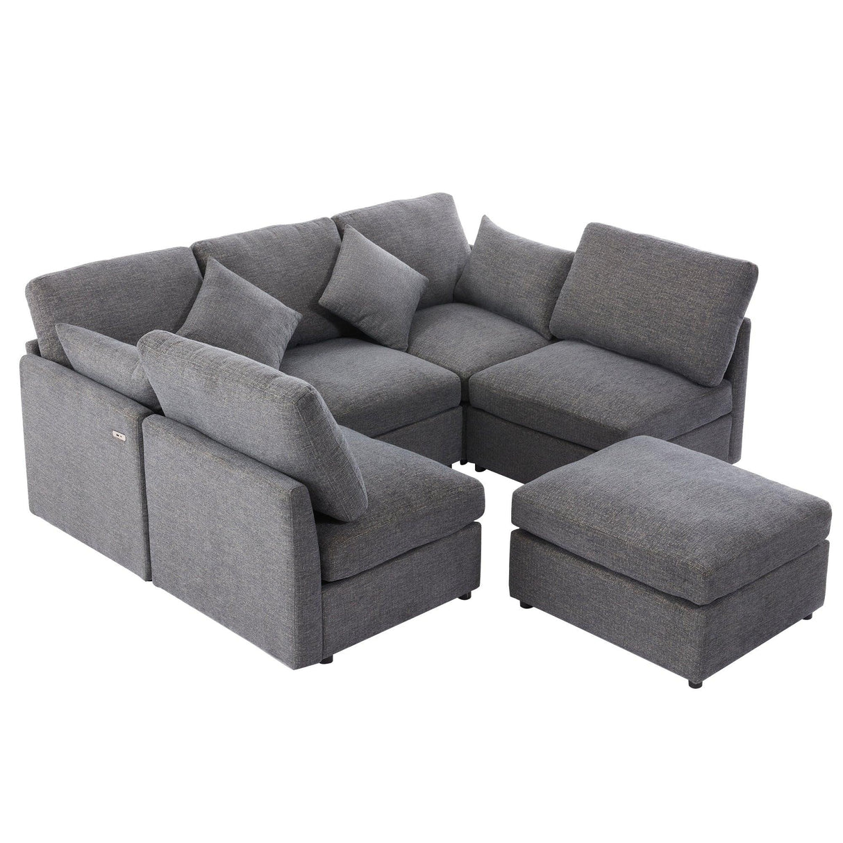 Sectional Sofa, Modular With USB Ports And Ottoman, Grey - Furniture Home Direct