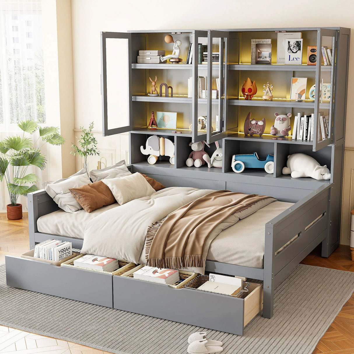 Daybed With Glass Door Storage Cabinets, Built In LED Lighting And Shelves - Furniture Home Direct