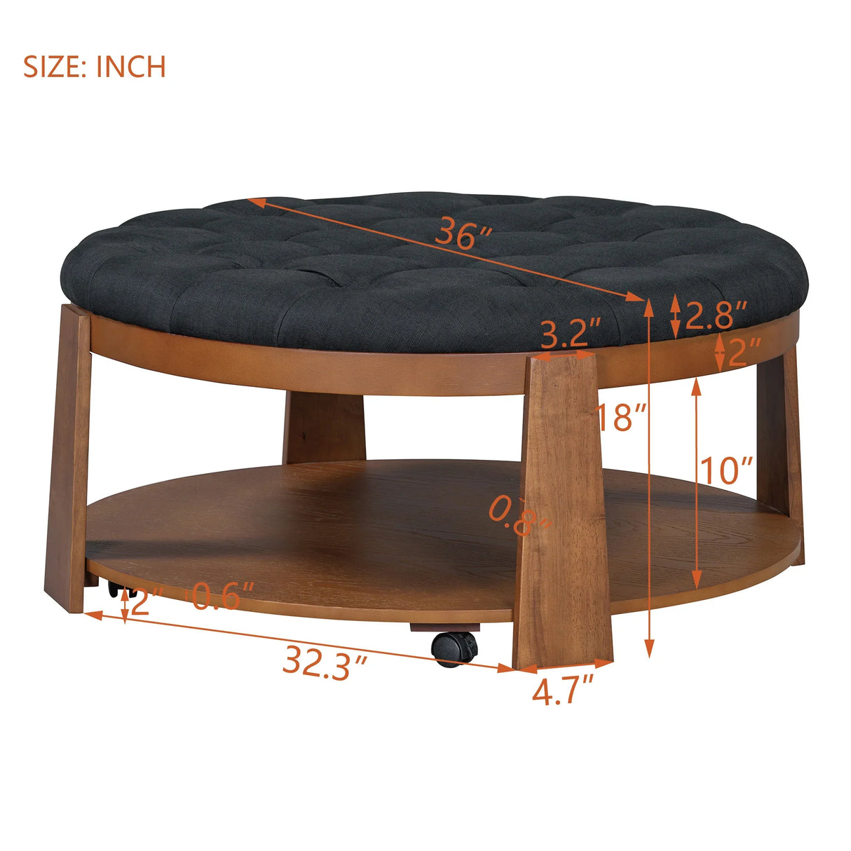 Round Ottoman Coffee Table Oversized Tufted Wood Base Black - Furniture Home Direct