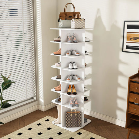 7 Tier Square Rotating Shoe Rack Tower With 360° Spinning Organizer - White - Furniture Home Direct