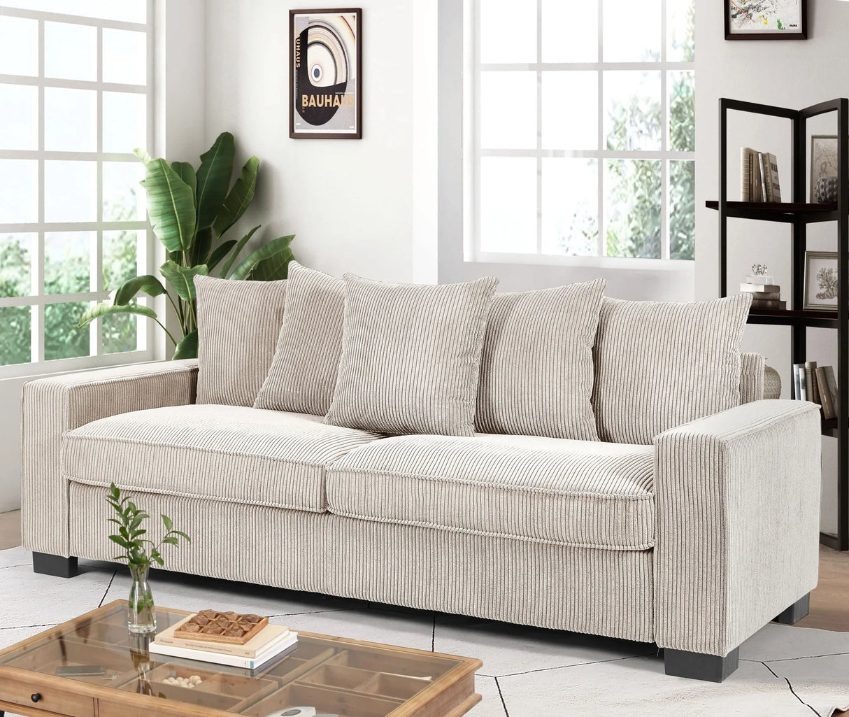 Luxe Corduroy Sofa With 5 Matching Toss Pillows, Sleek Design, Spacious And Comfortable 3 Seater Couch - Furniture Home Direct
