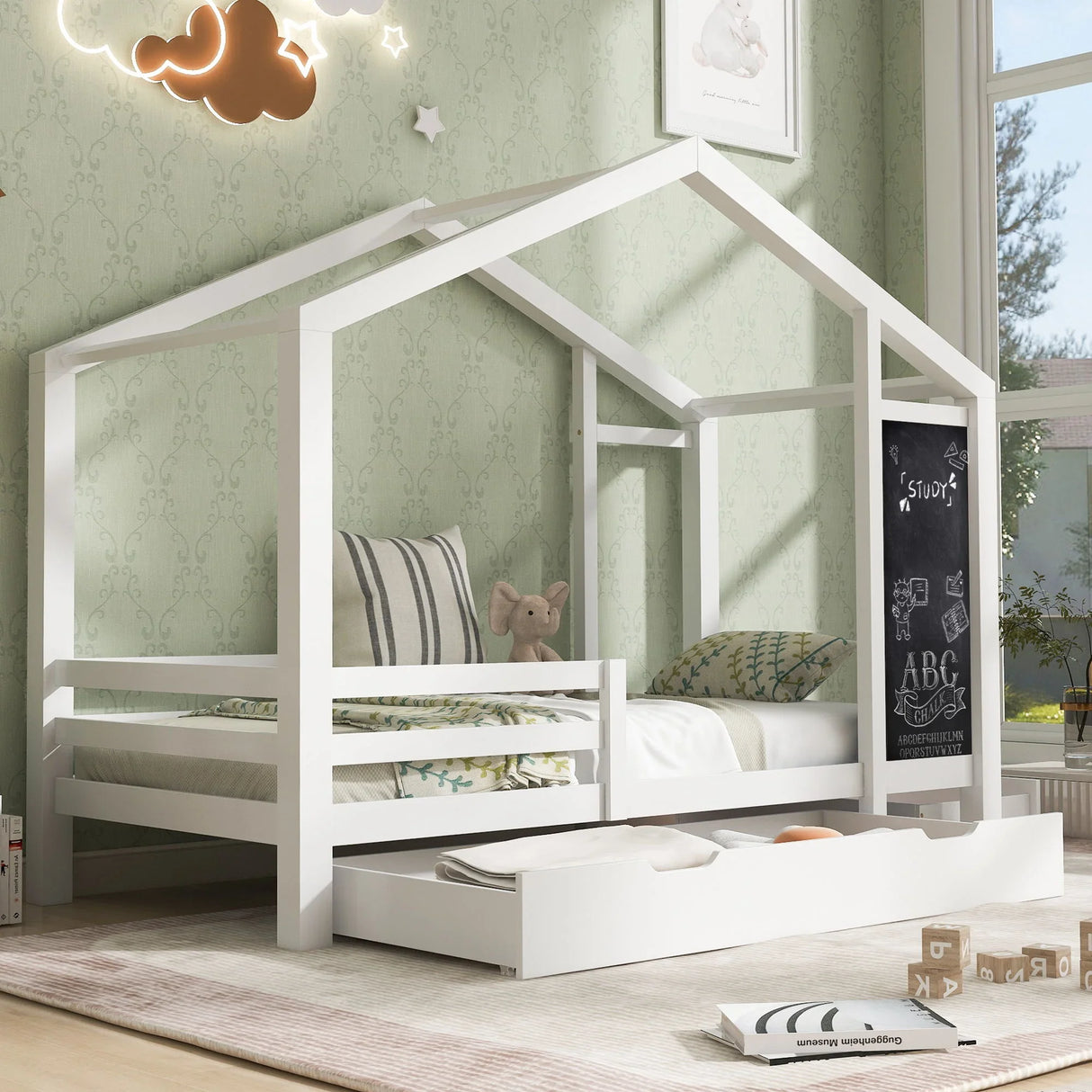 Twin House Bed With Blackboard And Drawers, 2 Assembly Options - White - Furniture Home Direct