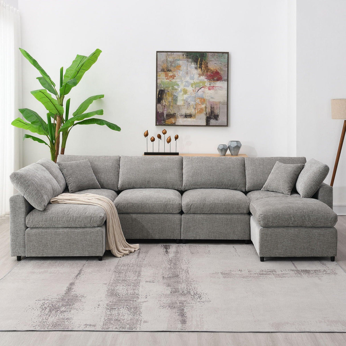 Modern Modular Cloud Sofa Bed, 6 Seat Chenille Sectional Couch Set With Ottoman, Free Combination, Convertible U Shaped Sleeper Sofa For Living Room - Furniture Home Direct