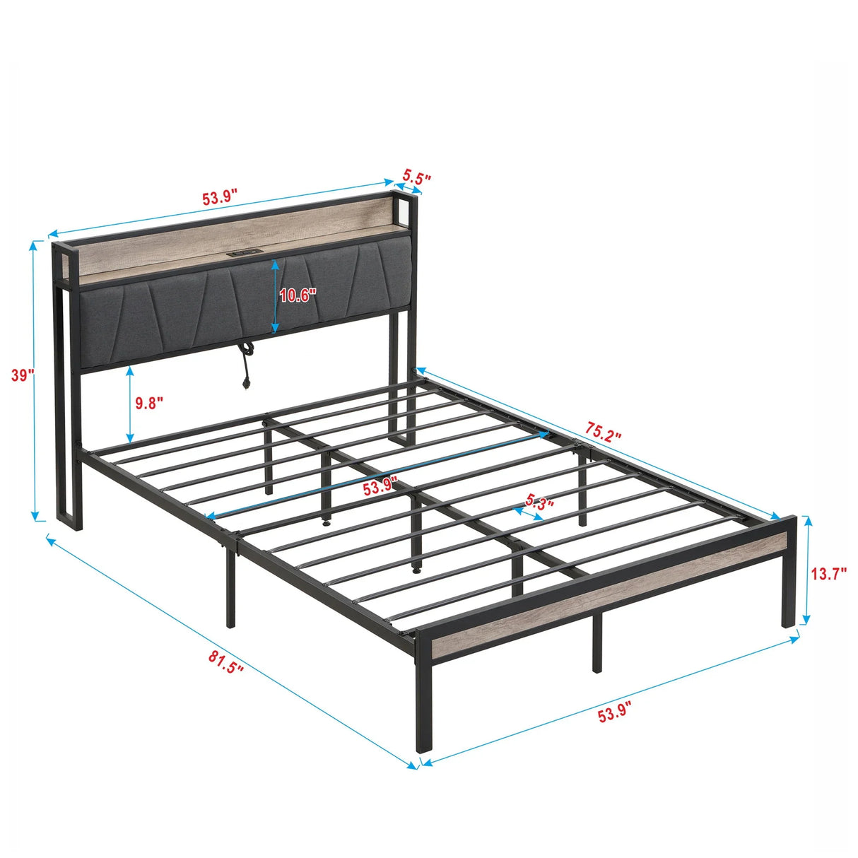 Modern Platform Bed Frame With Upholstered Storage Headboard, USB Ports - Furniture Home Direct