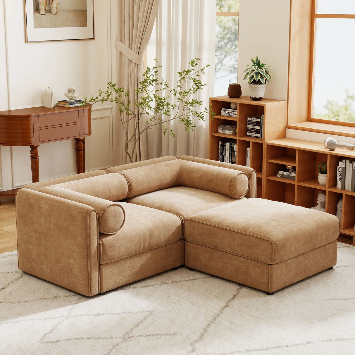 Contemporary Elegant White Chenille Sofa With Storage And Ottoman - Furniture Home Direct