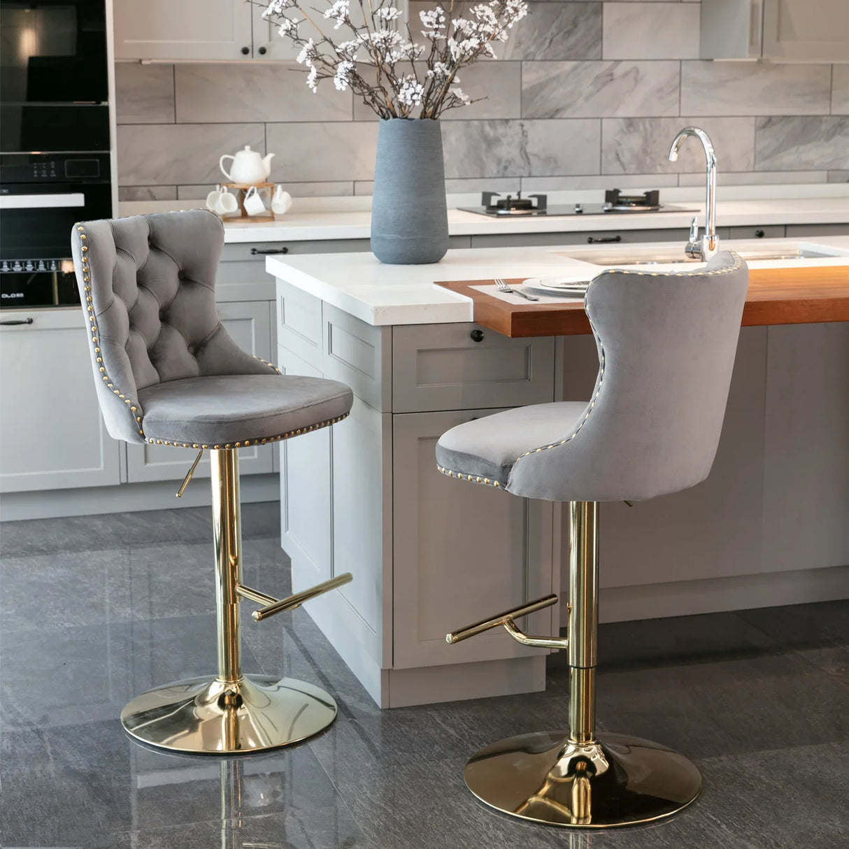 Bar Stools Velvet Upholstered Swivel Backed Set Of 2 Gray - Furniture Home Direct