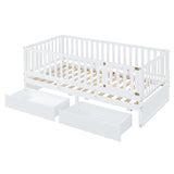 Daybed With Fence Guardrails And 2 Drawers, Split Into Independent Floor Bed & Daybed - Furniture Home Direct