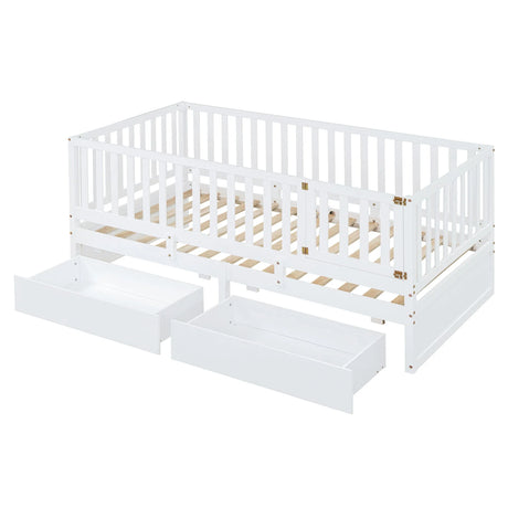 Daybed With Fence Guardrails And 2 Drawers, Split Into Independent Floor Bed & Daybed - Furniture Home Direct