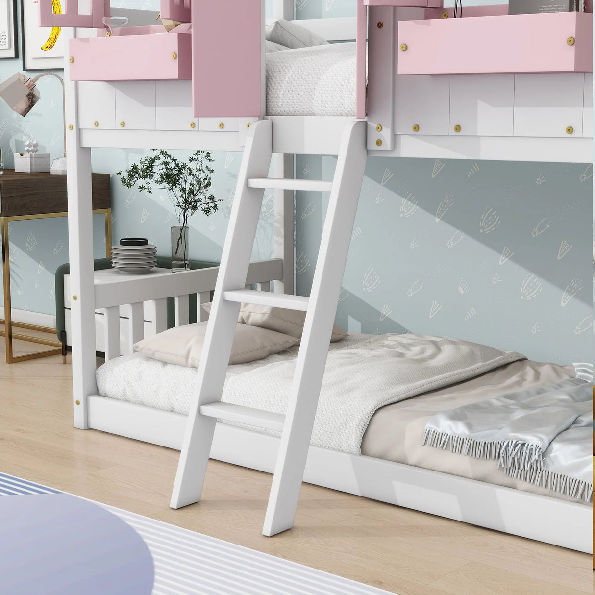 House Bunk Bed With Roof, Window, Window Box, Door, With Safety Guardrails And Ladder - Furniture Home Direct