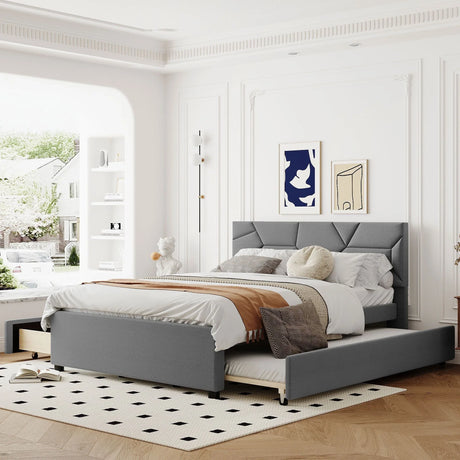 Upholstered Platform Bed With Brick Pattern Headboard And Twin Long Size Trundle - Furniture Home Direct