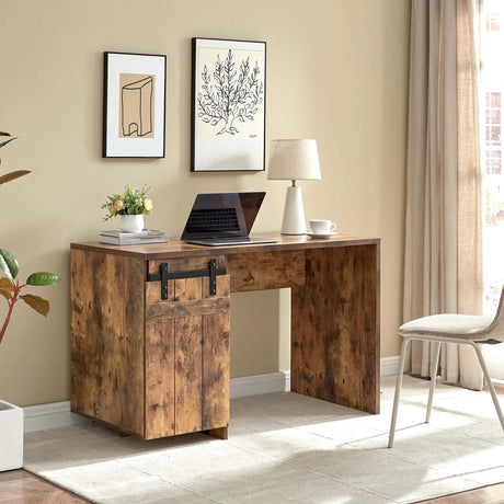 Home Office Desk One Cabinet Three Shelves Faux Barn Door On Metal Euro Hinges Modesty Panel - Distressed Wood - Furniture Home Direct