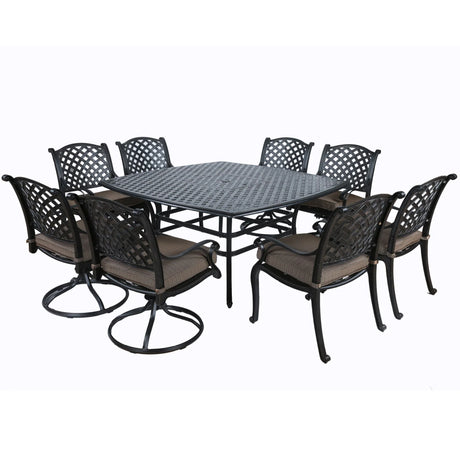Square 8 Person 63.98" Long Dining Set With Dupione Brown Cushions - Furniture Home Direct