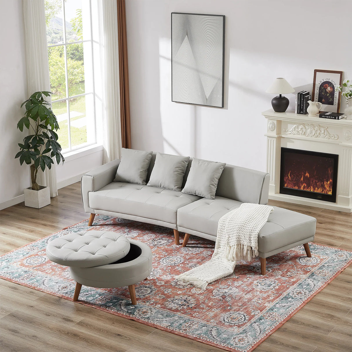 107 Inch Contemporary Sofa With Round Storage Ottoman Grey - Furniture Home Direct