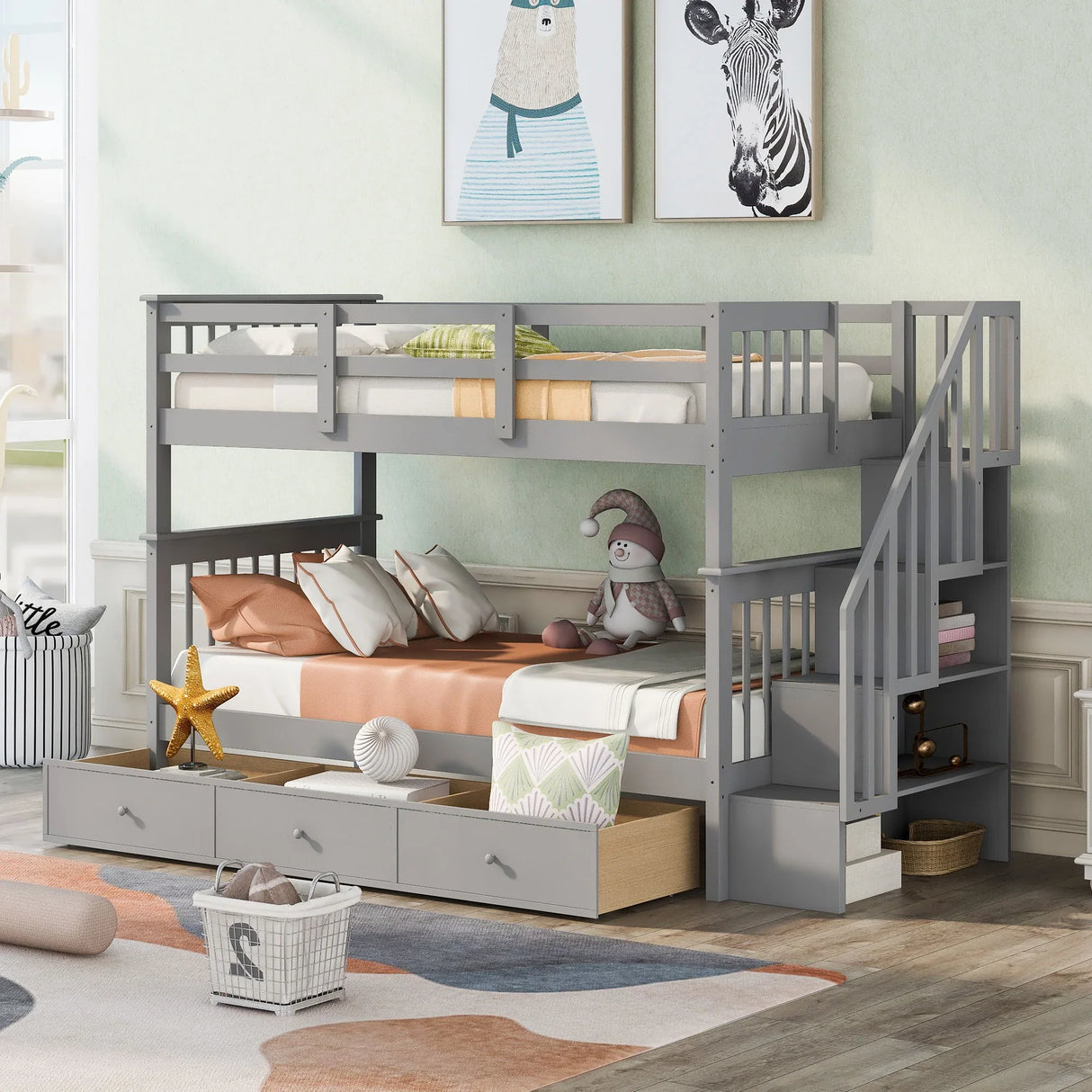 Stairway Bunk Bed With Storage And Guard Rail For Bedroom - Furniture Home Direct