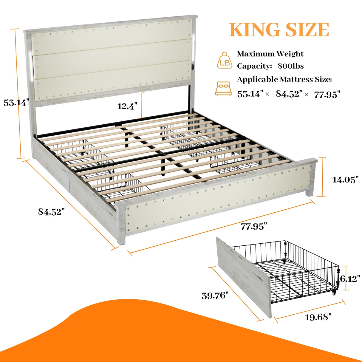 King Bed With Upholstered Headboard And Drawers Beige - Furniture Home Direct