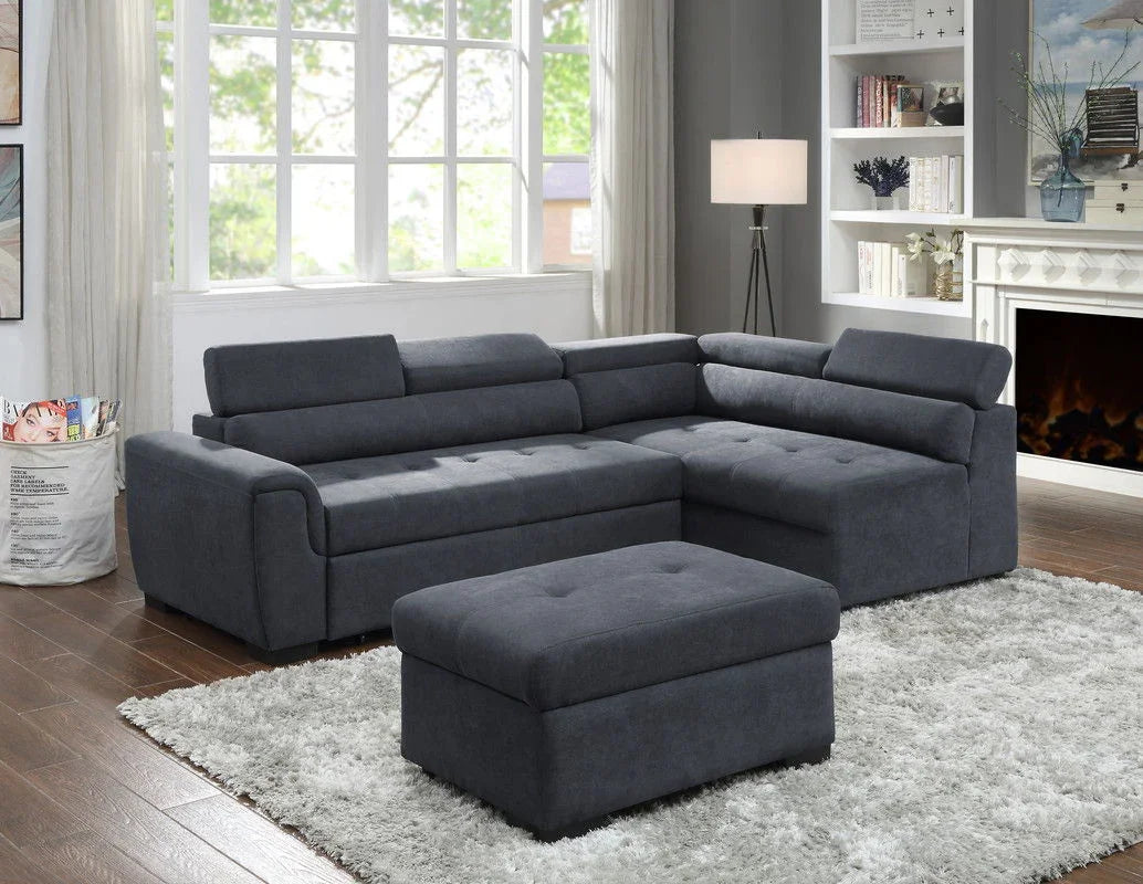 Haris - Fabric Sleeper Sofa Sectional With Adjustable Headrest And Storage Ottoman - Dark Gray - Furniture Home Direct