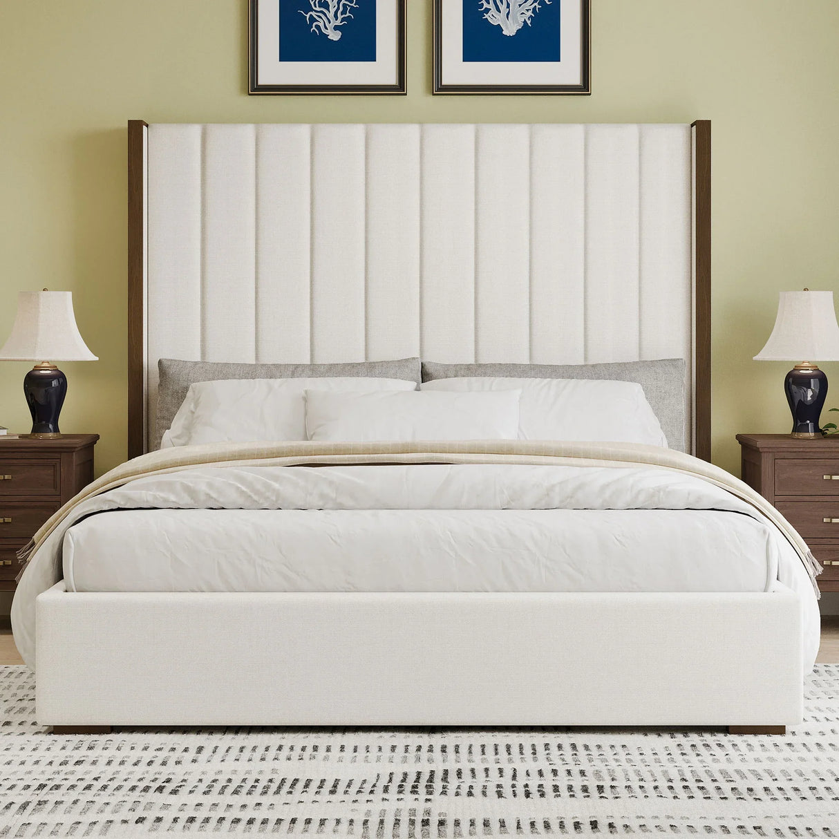 Tall Headboard Upholstered Bed With Vertical Striped And Wingback Design, Box Spring Needed - Furniture Home Direct