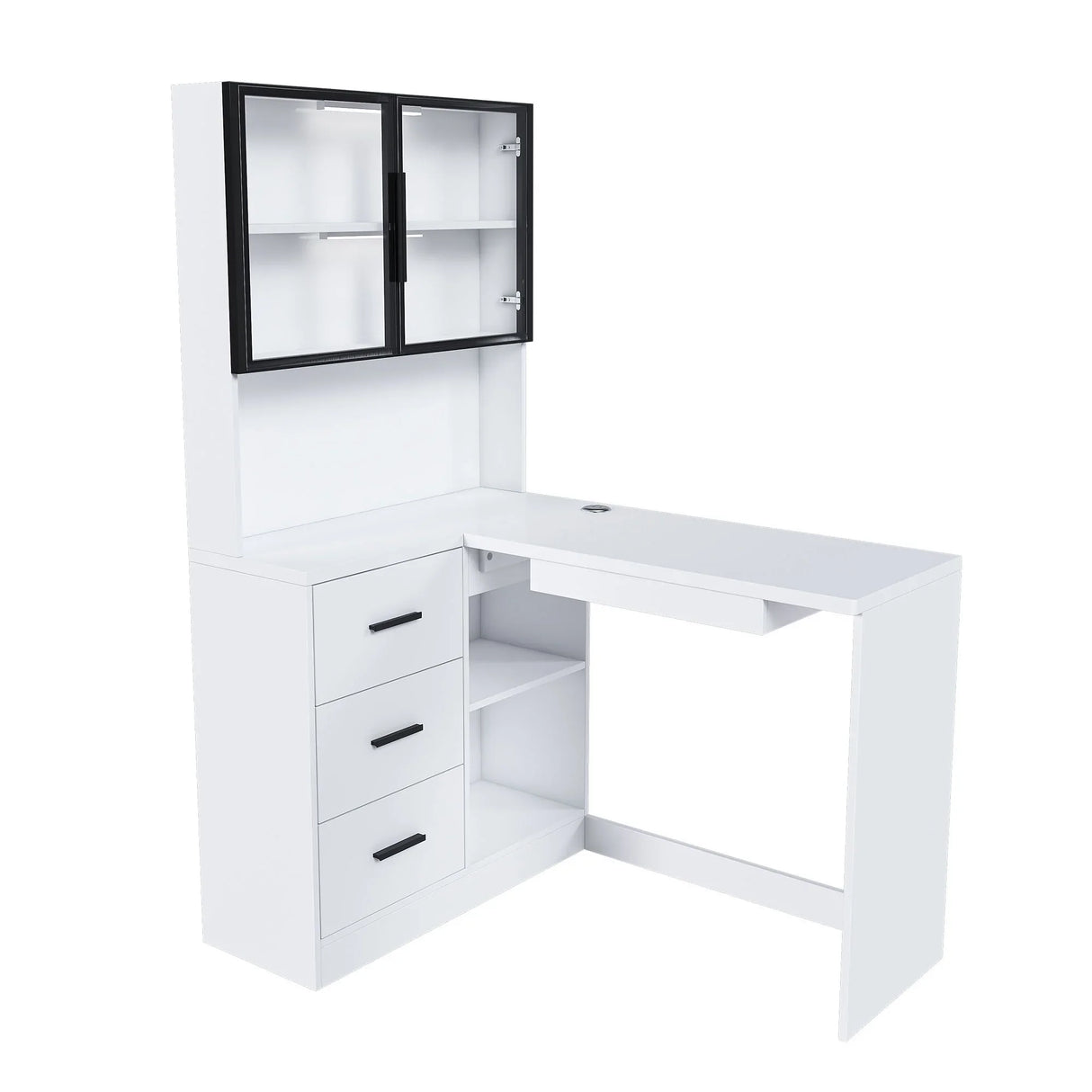L-Shaped Computer Desk With Glass Cabinets, Built In LED Lights, USB Charging Ports