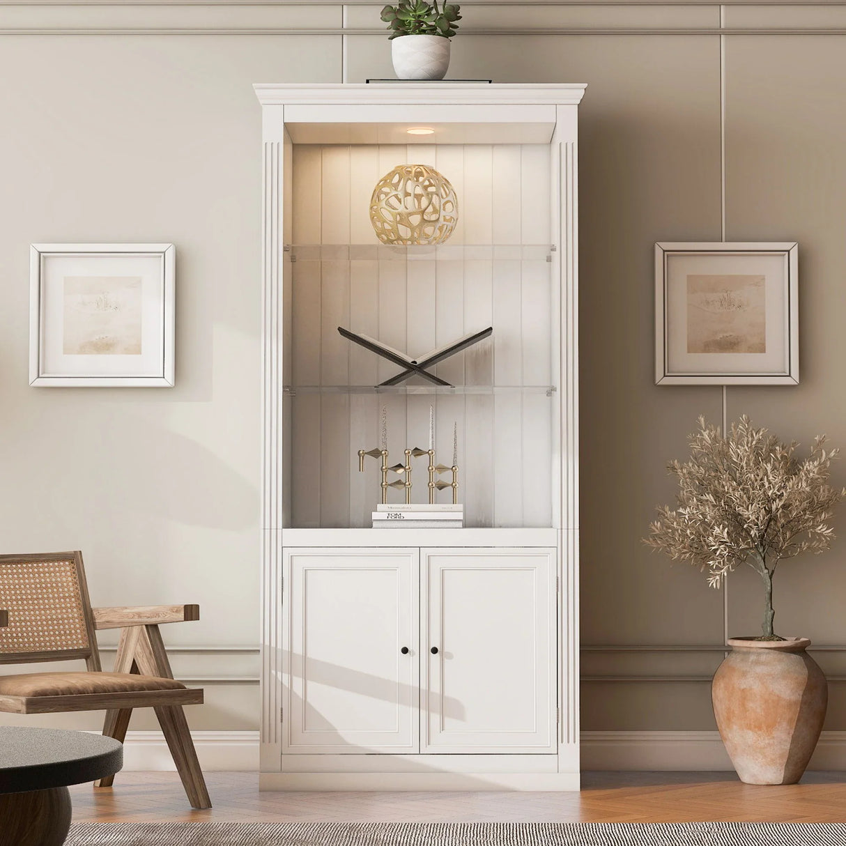 Retro Style Display Bookcase With Adjustable LED Ceiling Light And Tempered Glass Shelves - White - Furniture Home Direct
