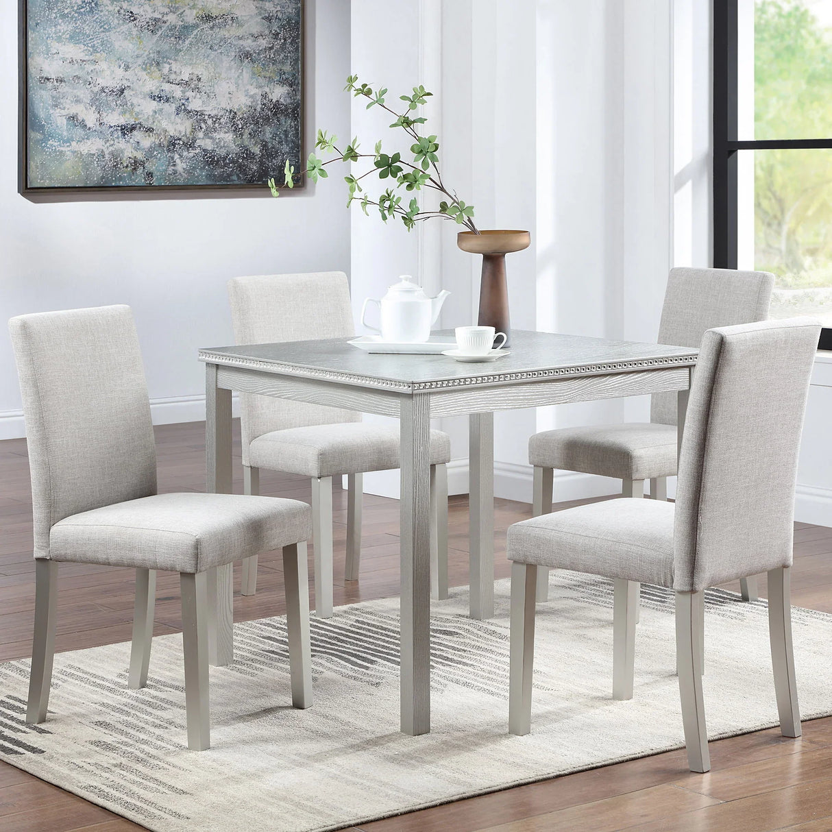 Dining Table Set With Crystal Decoration And Upholstered Chairs - Furniture Home Direct