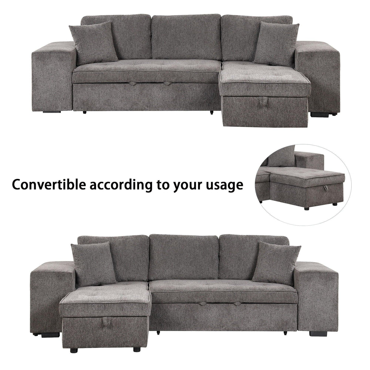 Modern L-Shape 3 Seat Reversible Sectional Couch, Pull Out Sleeper Sofa With Storage Chaise And 2 Stools For Living Room Furniture Set - Furniture Home Direct