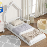 Twin House-Shaped Headboard Floor Bed With Handrails, Slats - Furniture Home Direct