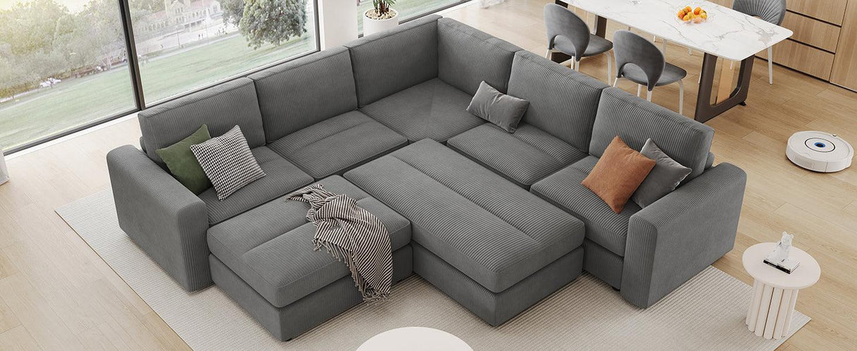121.3" Modular Sectional Sofa with Two Movable Ottomans, Gray - Furniture Home Direct