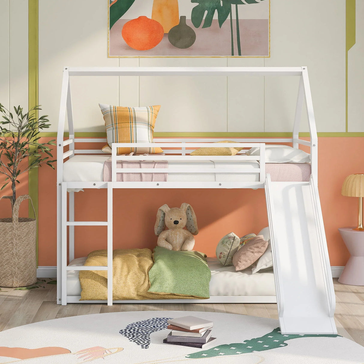 Twin Over Twin House Bunk Bed With Ladder And Slide - Furniture Home Direct