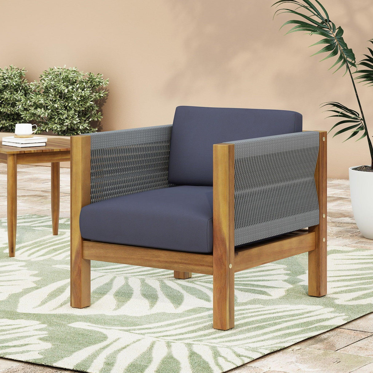 Outdoor Club Chair With Rattan Rope Wave - Dark Gray
