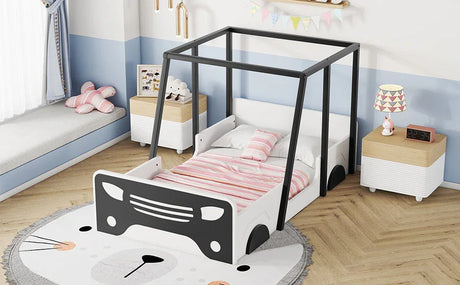 Twin Size Car-Shaped Bed With Roof, Wooden Twin Floor Bed With Wheels And Door Design, Montessori Inspired Bedroom - Furniture Home Direct